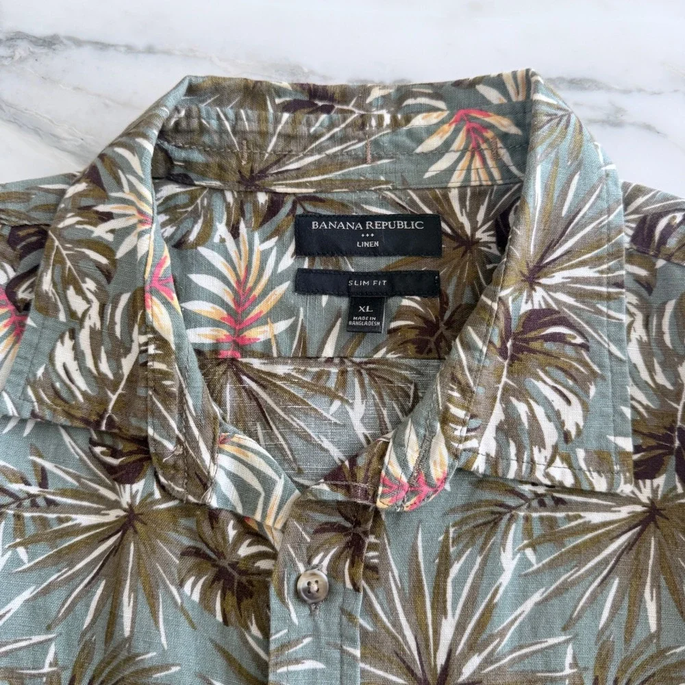 Banana Republic Mens XL Slim Fit Linen Tropical Palm Leaf Print Shirt Green